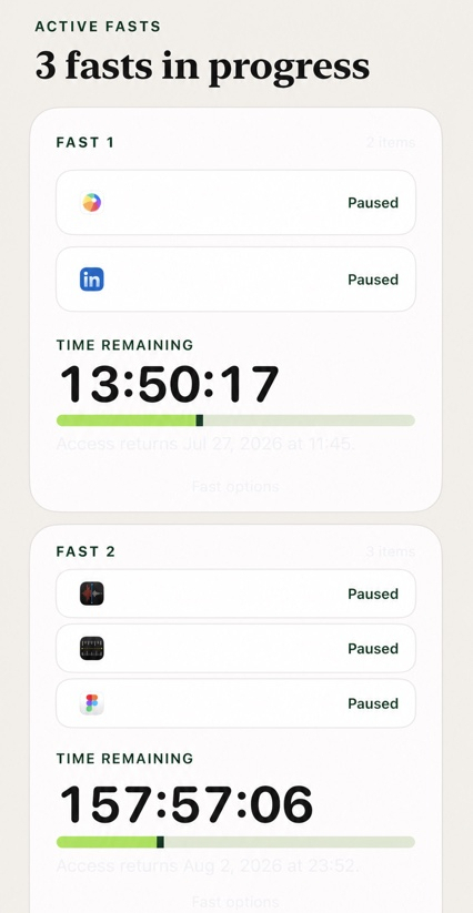 Fast From active fasts screen showing timers in progress