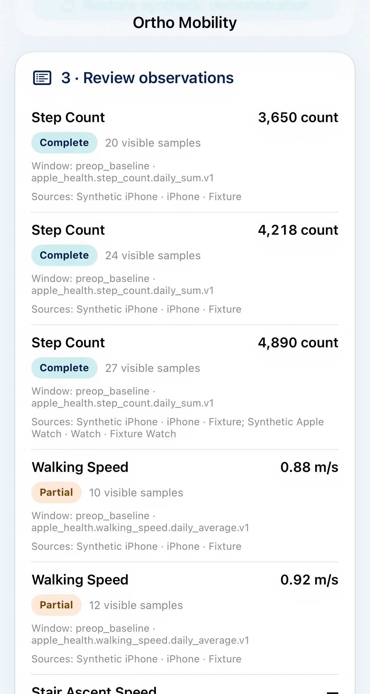 Orthopedic Mobility Collection observation review screen